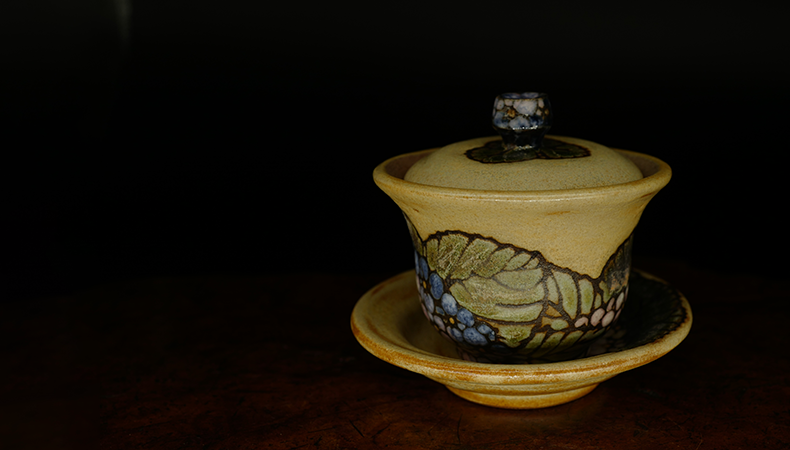 台湾大肚窑手绘田园风陶瓷盖碗名家手工彩绘堆釉三才杯