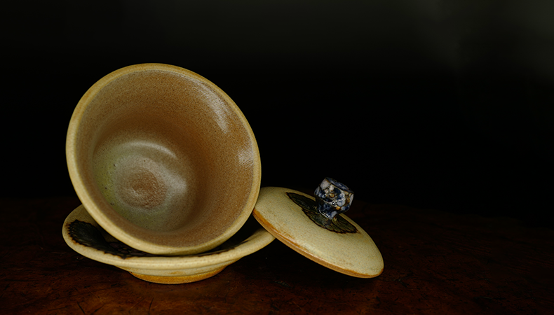 台湾大肚窑手绘田园风陶瓷盖碗 名家手工彩绘堆釉三才杯